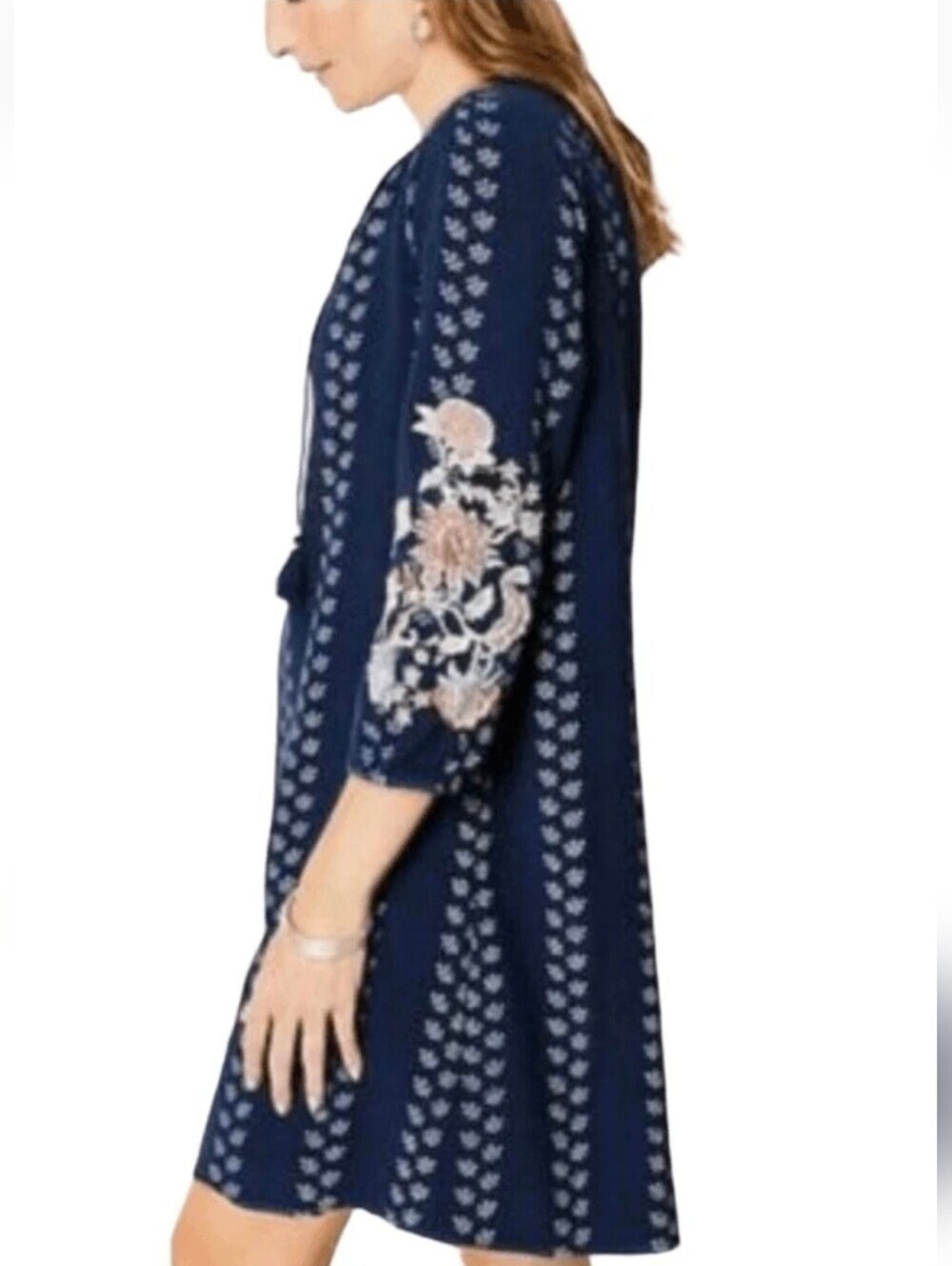 J. Jill Womens Dress Sz M Gauze Floral Embroidered Peasant Batik Print Pockets
